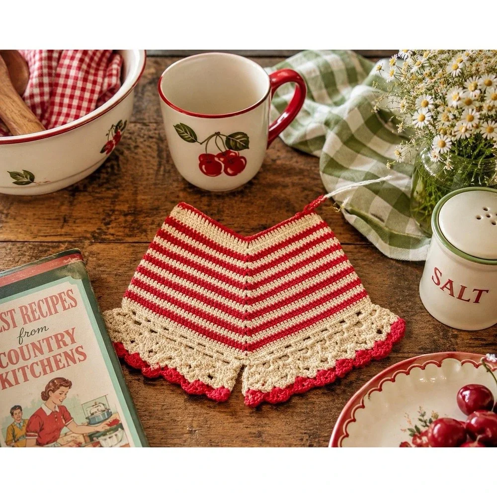 VTG Handmade Crochet Shorts Potholder Hot Pad Coaster Red Cottage Grannycore